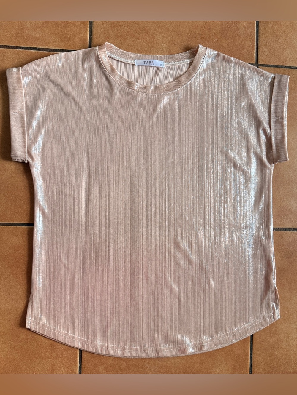 TABA Dusty Pink Metallic Ribbed Shimmer Short Sleeve Top – Size S